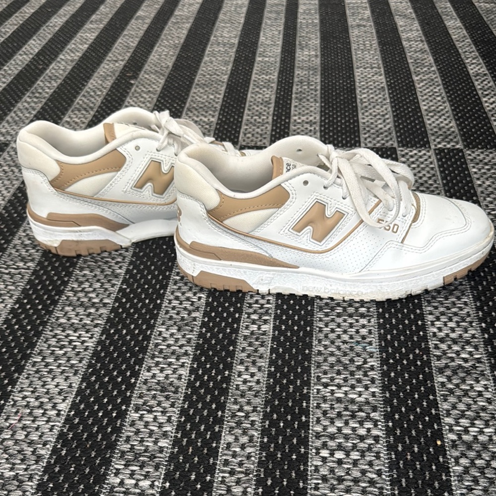 New Balance White and Tan Leather Sneakers